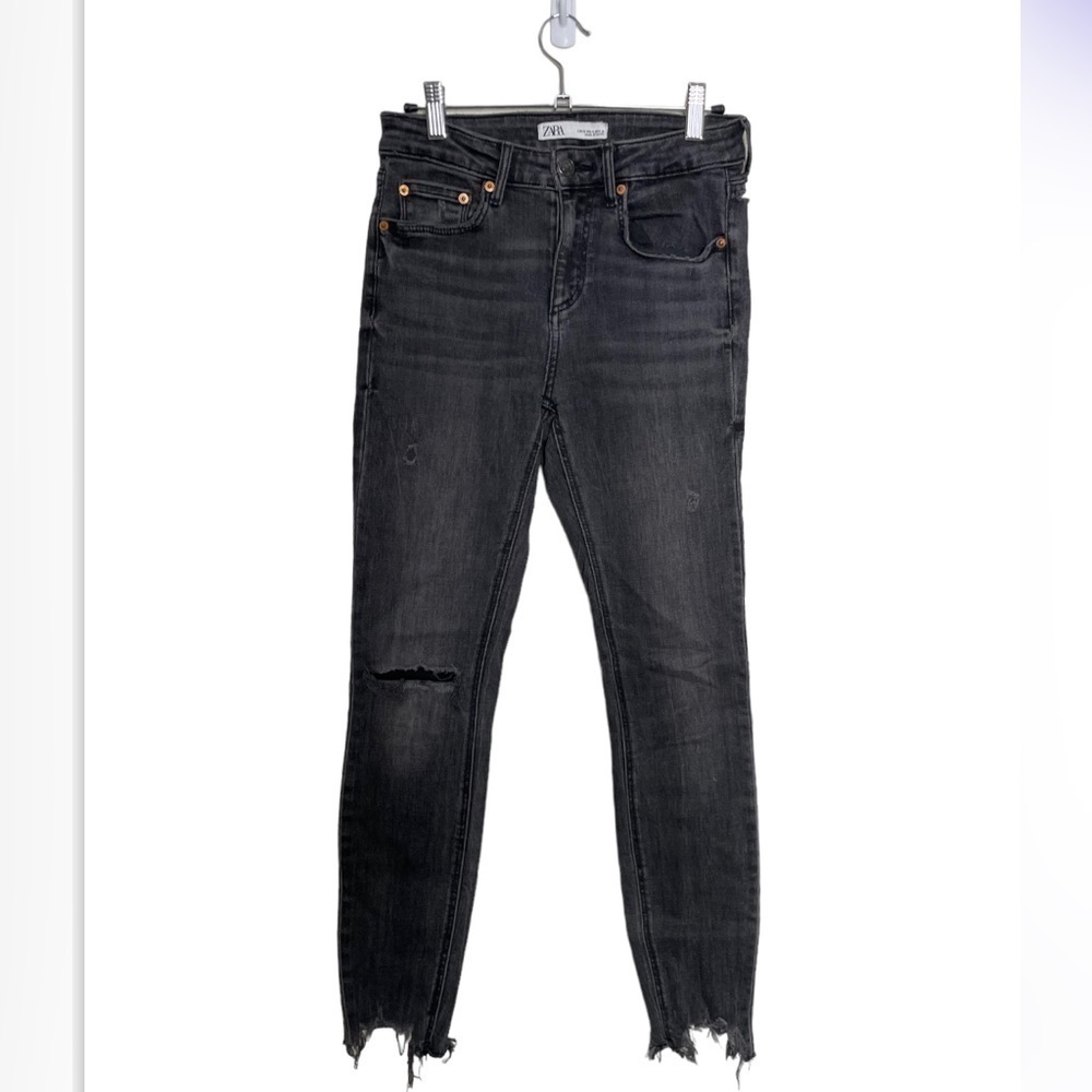 Zara Black Distressed Shark Bite Hem Jeans 4
